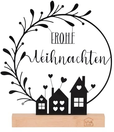 UNUS Aufsteller Frohe Weihnachten mit Häusern Weihnachtsdeko aus Metall | mit Bambusfuß 28,5x25 cm Schwarz oder Weiß Festliche Tischdeko für Fensterbank, Regal oder Flur