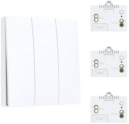 XUK Interrupteur Sans Fil Auto-alimenté Sans Pile pour Maison, 1v3 | Contrôle luminaire sans travaux – fixation adhésive, récepteur 433MHz, portée 30m intérieur – idéal rénovation appartement