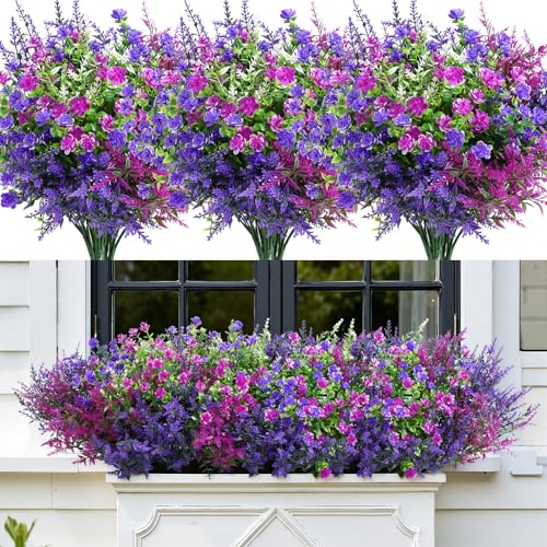 Alupssuc 20 PCS Artificial Flowers, UV Resistant Fake Plants for Garden- Large Faux Shrubs Bushes, Realistic Indoor Outdoor Plants for Hanging Baskets, Porch, Yard & Home Décor,Purple Magenta White