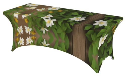 Vuiopuf Clematis Flowers 6 Foot Rectangle Stretch Tablecloth, Elastic Fitted Table Cover with Corner Pockets, Spandex Polyester Fabric(Fits 6ft Tables)