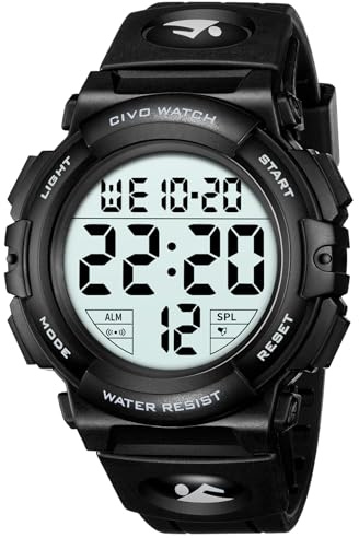 CIVO Digital Herren Uhr Wasserdicht: Schwarz Sport Armbanduhr für Männer mit Stoppuhr Wecker Datum - Outdoor Tactical Herrenuhr Silikonband