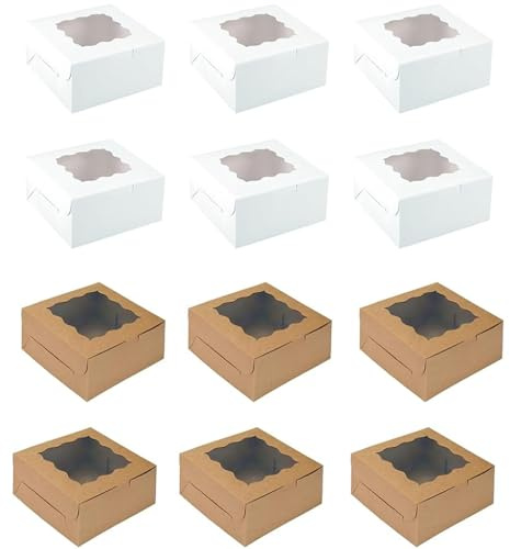 FDDU 12 Pieza Cajas de Galletas para Embalar, Empaque de Cupcakes, Caja de Reposteria Cartón, Marrón/Blanco Cajas para Cupcakes, para Dulces, Chocolates, Galletas, Pasteles(15.3 * 15.3 * 7.6 cm)