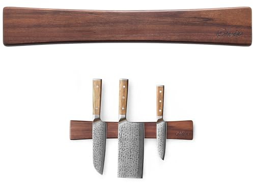 OLEIO Magnetische Messerleiste 40 cm aus Akazienholz, doppelte Magnetreihe | Selbstklebend mit 3M VHB oder zum Schrauben, für Küchenmesser und Scheren aus magnetisierbarem Stahl, Lieferung ohne Messer