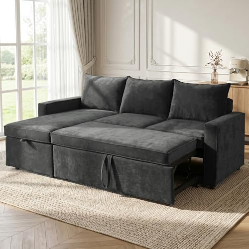 HIPIHOM 205 cm Sofa mit Schlaffunktion – Schlafsofa mit Bettkasten, Ecksofa umwandelbare ausziehbare Couch für kleine Räume, 3-in-1-Design, Plüschkissen L-förmiges Schlafsofa (Dunkelgrau)