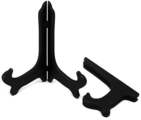 CVHOMEDECO. Antique Distressed Black Decorative Wooden Plates Rack Wood Easels Holder Folding Display Stand Home Décor Art, 9 Inch, Set of 2.
