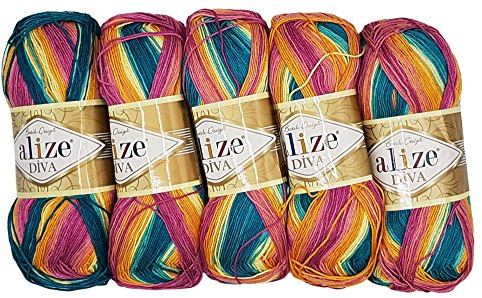 5 x 100 Gramm Alize Diva Batik Wolle mehrfarbig mit Farbverlauf, 500 Gramm merzerisierte Strickwolle Microfiber-Acryl (pink rosa orange grün 4572)