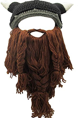 YEKEYI Wikingerbart-Mütze, Horn, Winter, warme Maske, gestrickte, lustige Kappe aus Wolle, Hornbraun, Einheitsgröße