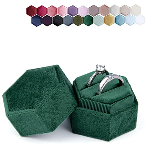 DesignSter Hexagon Velvet Ring Box - Premium Gorgeous Vintage Double Ring Display Holder with Detachable Lid Ring Bearer Box or Proposal, Engagement, Wedding, Ceremony （Emerald）
