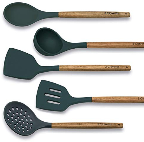 Juego de 5 Utensilios de Cocina 3 Claveles en Silicona Resistente a Altas Temperaturas y Mango en Madera de Haya