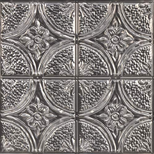 InHome Camden Antique Silver Faux Tin Peel and Stick Backsplash Tiles, Metallic, 10 inch x 10 inch, 4 Panels