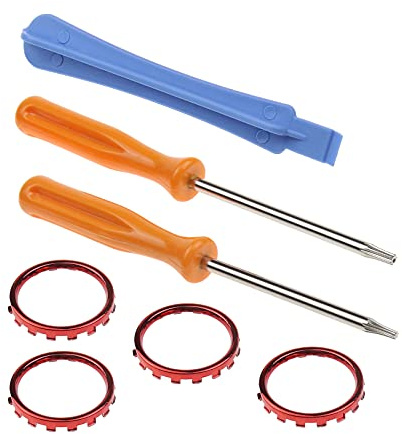 2 pairs Red Accent Rings Accessories with T6 T8 Screwdriver Crowbar Plastic Plating Matte Chrome Thumbstick Gamepad 3D 2.5cm Pearl Bagged for Xbox One Elite Controller