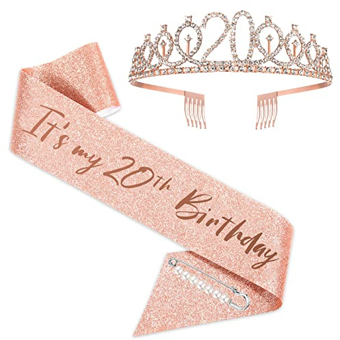 SZHUIHER Rose Gold 20. Geburtstag Schärpe und Tiara Set für Mädchen - Happy Birthday Krone und Party Favor Supplies