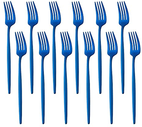 BUY&USE Lot de 12 couverts de table modernes en acier inoxydable, réutilisables, largement utilisés pour la maison, les restaurants, les fêtes, 21,8 cm, bleu