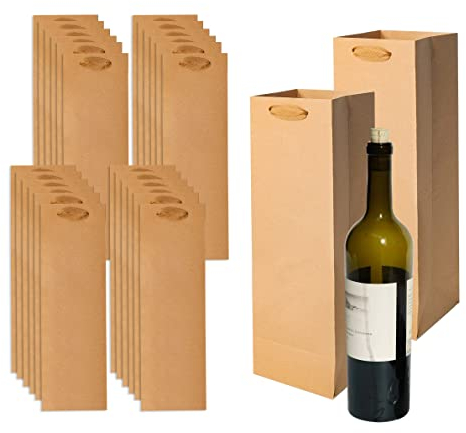 AZKEEGREY 24 Stück Flaschentüten Kraftpapier, Wein Geschenktüten mit Griff, Weinflaschen Verpackung, Weintasche für Party Hochzeit Weihnachten Geburtstag