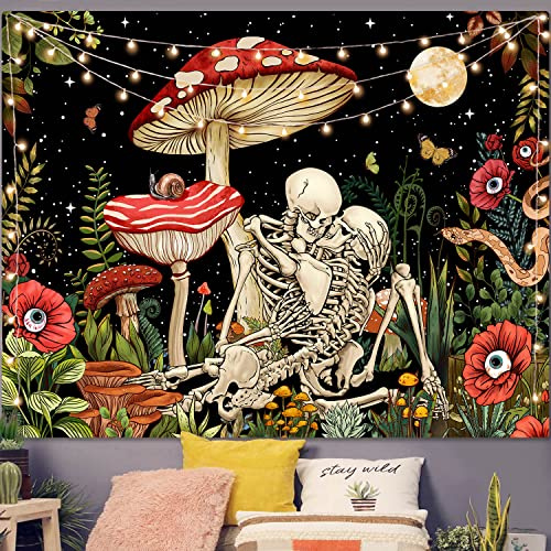 Accnicc Mushroom Skull Skeleton Floral Tapestries Trippy Flower Plant Tapestry for Bedroom Aesthetic Hippie Cool Nature Moon Star Wall Tapestry for Dorm Living Room (Red, 60'' × 50'')