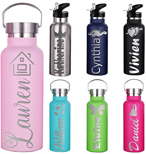 Personalisierte Wasserflasche mit Strohhalm-Deckel für die Schule, individuelle Gravur, isolierte Edelstahl-Sport-Wasserflasche mit Namen für Mädchen, Jungen, Frauen, Männer (350 ml, 750 ml, 7 Farben)
