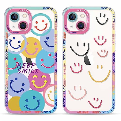 Yoedge 2 Stück Happy Smiley Face HandyHülle für Apple iPhone 13 Hülle 6,1, Transparent Smile Gesicht Niedliches Muster Design Aesthetic Case Schutzhülle für iPhone 13 Mädchen Frauen Cover