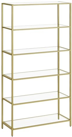 VASAGLE Scaffale in Vetro a 6 Ripiani, Liberia, Organizzatore Portaoggetti, Vetro Temperato, Facile da Montare, per Bagno Soggiorno Camera da Letto Studio, Color Dorato LGT503A01