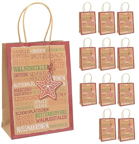 Idena 30333-12 - Geschenktüten Lebkuchenstern, 12 Stück, 15 x 20 x7 cm, Papiertüten, Geschenktaschen, Weihnachtstüten