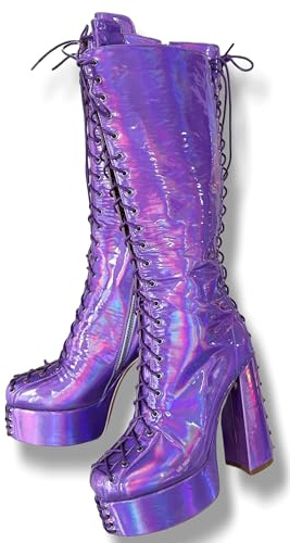 Frankie Hsu Stivali sexy da donna con tacco alto al ginocchio, con plateau grosso, viola vernice laser, stringati stile Lollita, grandi dimensioni US5-19 scarpe per donne uomini, Viola, 39 EU