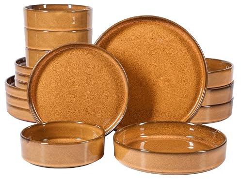 Bloomhouse - Two Time Oprah's Favorite Things Winner - Santorini Mist Double Bowl Terracotta Reactive Glaze Plates and Bowls Dinnerware Set - Amber, Service for Four (16pcs)