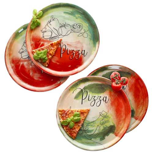 MamboCat Set di 4 piatti per pizza, verdure e olio, Ø 31 cm, per 4 persone, grandi piatti per pizza in porcellana con decorazione e scritta I per pizze o per preparare, piatti da portata XL