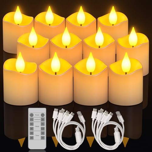 Yme 12er Set Teelichter LED Aufladbar mit Fernbedienung H/D: 5.8x3.8 cm | Elektrische Wiederaufladbar Timer Flackernd Dimmbar Kerzen für Wohnzimmer Halloween Weihnachten Festliche Deko Geschenke