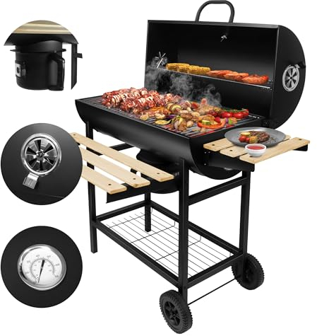 MARK ADLER Roast 8.0 | BBQ Barbecue Grill Grillwagen Holzkohlegrill Gartengrill | Zwei Stufen Rost | mit Deckel | Temperaturanzeige | Belüftung | Transporträder | Fahrbar | Holz Ablagen | Stahlblech