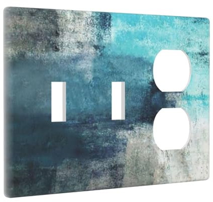 Turquoise Blue and Grey Abstract Art 3-Gang 2-Toggle 1-Duplex Device Combination Wall Plate, Aqua Teal Gray Oil Paint Three Gang Combo Two Toggle/One Duplex Receptacle Light Switch Cover Outlet Cover