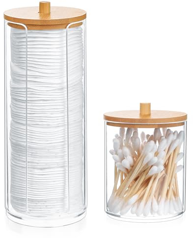 Fulushouxi 2 Pcs Cotton Pad Holder, Cotton Wool Bud/Swab/Ball Holder, Bathroom Qtip Dispenser Jars Canisters Holders for Vanity Cotton Ball Qtip Makeup Storage Organiser Dispenzer, wuth Bamboo Lid