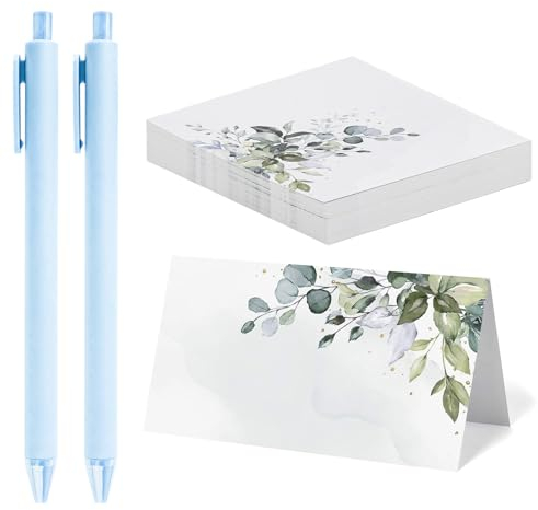 YAANBUNB 50 Pz Segnaposto Tavolo Matrimonio Comunione,Carte dei Posti per Tavolo,Stile Foglia Verde Cartellini Segnaposto con 2 Pz Penne per Compleanno Comunione Laurea (Verde/Eucalipto/9 * 10 cm)