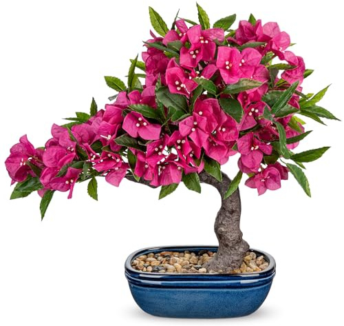 Briful Artificial Bougainvillea Bonsai Tree 18.5 Silk Bougainvillea Plant with Blue Pot Fake Bougainvillea Floral Tree for Home Office Room Desk Shelf Zen Décor(Hot Pink)