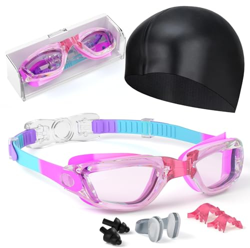 Hurdilen Kids Swim Goggles, Swimming Goggles for Kids Toddlers 3-14 with Swim Cap, Nose Clip, Nose Bridge, Ear Plugs