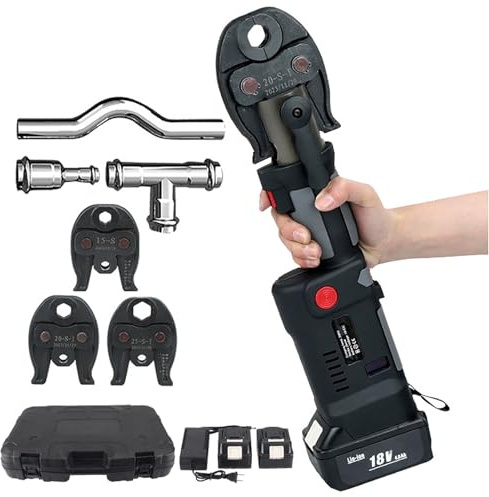 Battery Hydraulic Pipe Crimping Tool, Portable Stainless Steel Pipe Crimping Tool with 3 Jaws/ 2 Batteries, Cordless Plumbing Pipe Press Tool Kit, Pipe Pressing Time: 3-4 Seconds,Series2