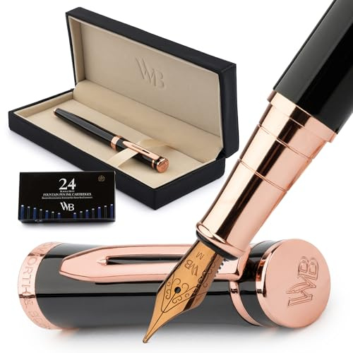 Wordsworth & Black Reservoarpennaset, 18 Karat Förgylld Medelstor Spets, Inkluderar 24 Bläckpatroner, Bläckpåfyllningskonverter Och Presentask, Guldfinish, Kalligrafi, [Svart Roséguld]