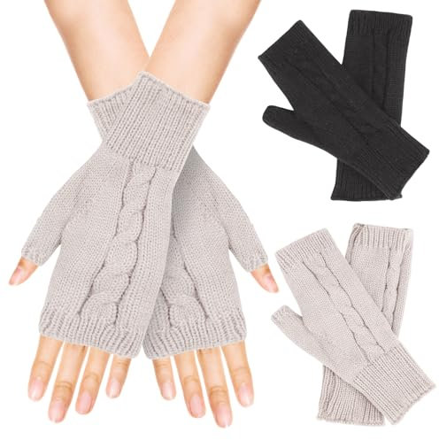 Kiiwah 2 Paar Halb Finger Handschuhe, Unisex Weiche Pulswärmer Winter Strickhandschuhe mit Daumen, Warme Fingerlose Handschuhe für Arbeit, Sport, Winterliche Outdoor Aktivitäten