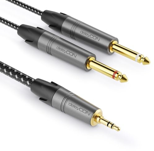 deleyCON 1m Jack 3,5mm Stéréo vers Câble Mono 2x Jack 6,3mm - Câble Audio en Y Splitter Interface Numérique Câble D'instrument pour Mixeur, Enregistreur Audio, Guitare, Amplificateur, Microphone