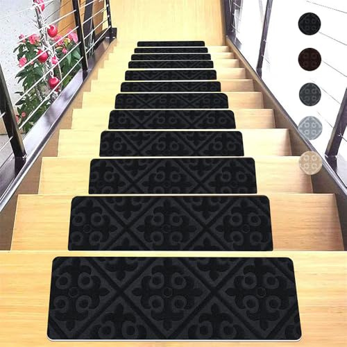 Surwin Stufenmatten 15 Stück, Nordischer Stil Treppenstufen Matten Treppen Stufenmatten Selbstklebend Innen Stufenmatte Teppich Treppenteppich Stufenteppich (19x55cm,Schwarz)