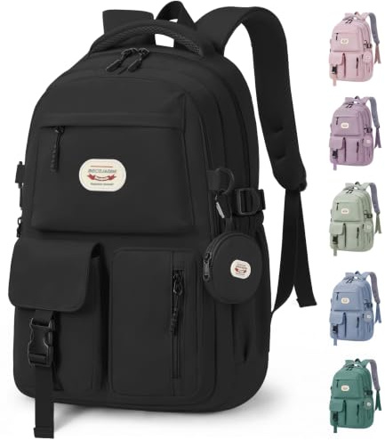 BECOJADDE Backpack School Bag Womens Girls with 15.6'' Laptop compartment, Water Resistant Rucksack with Coin Purse, Daypack for College, Work & Travel, Ideal for Teens & Students Black 25L