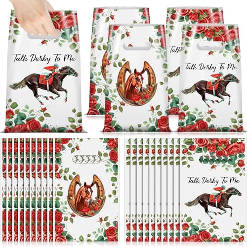 Cholemy Derby Days Leckerli-Tüten, Pferderennen-Süßigkeitentüten mit Griff, Kunststoff, buntes Pferderennen, Partyzubehör und Geschenkverpackungstüten, 24 x 16 cm, 100 Stück