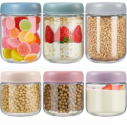 VITEVER 6 Stück Overnight Oats Gläser, 300-500ML Einmachgläser mit Schraubdeckel für Salat, Chutney, Joghurt, Pudding, Hausgemachte Marmelade, Kaffeebohnen, Gewürzen