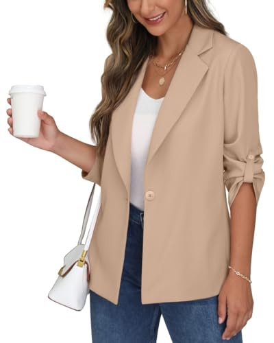 PrinStory Blazer Damen Business Büro Longblazer Verstellbare 3/4 Lange Ärmel Revers Blazer Sportlich Elegant Sakko Jack Trenchcoat (Aprikose, 46)