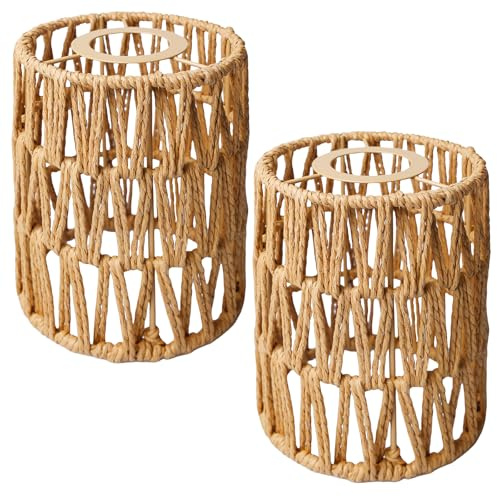 GOEDCH Lot de 2 Abat-jour Rotin Tissé à la Main - Style Boho Diamètre 12cm (Couleur Kaki) - Compatible E27/E14 pour Plafond, Lampe Suspendue, Lampadaire et Lampe de Table