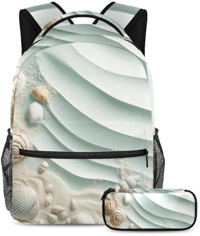 VAPOKF Strand-Sandmuschel-Schulranzen-Set für Teenager, Mädchen, Jungen, Kinder, Schüler-Büchertasche, Rucksack mit Federmäppchen für die Grundschule, multi, Einheitsgröße, Schulranzen-Set