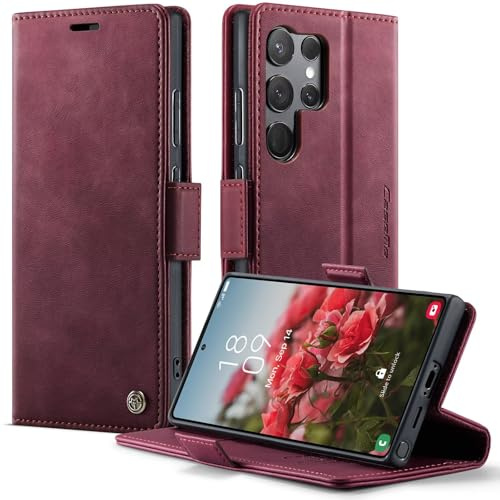 WenBaby CaseMe Handyhülle für Samsung Galaxy S23 Hülle Premium Nubukleder PU Lederhülle Klapphülle【RFID Schutz】 Kartenfach Standfunktion Schutzhülle Flip Case Wallet Tasche Cover,Weinrot