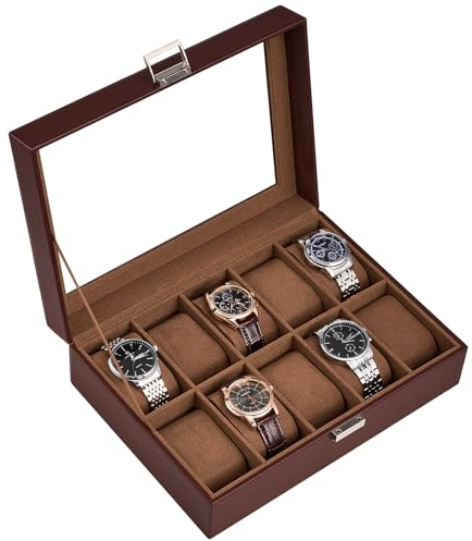 ProCase Boite à Montre Antichoc, Coffret Montre Homme avec 10 Emplacements Coussins Montre, Rangement avec Couvercle en Verre, pour Passionné d’Horlogerie -Marron