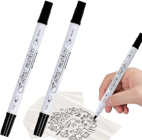 Canollo Textilstifte Waschmaschinenfest mit Doppelspitze, 2 Stück Textilfarbe Schwarz, Textilmarker Waschmaschinenfest, Stoffmalstifte, Textilstift Schwarz für Textilien Schuhe Die Hemden Hüten