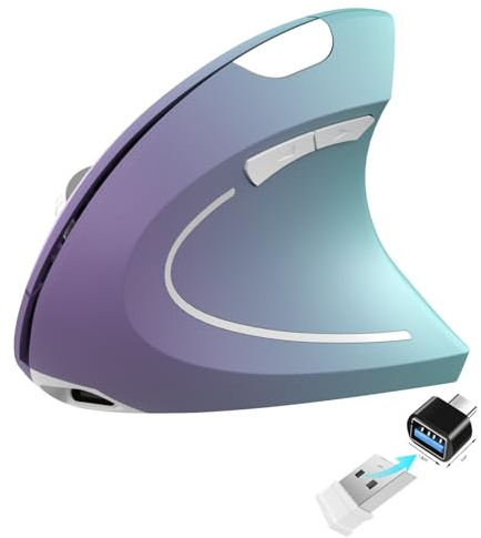 Vassink Mouse ergonomico wireless ricaricabile, USB A + tipo C (2 in 1), connessione 800/1200/1600 DPI, 6 pulsanti, mouse verticale tunnel carpale da 2,4 GHz, per laptop, desktop, MacBook viola