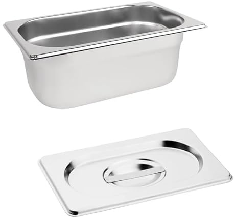 CateringBase Stainless Steel Gastronorm Container with Lid, 1/4 Size, 100mm Deep, Bain Marie Food Pan