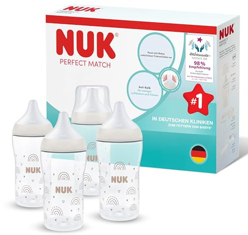NUK Perfect Match Babyflaska | 3+ månader | 260 ml | Anti-kolikmatningsflaska | PP | Temperaturindikator | Regnbåge | 4 stycken
